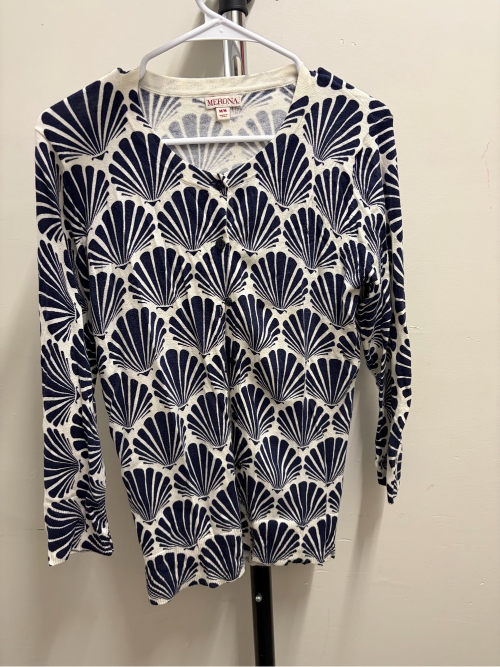 Merona Navy & Cream Shell-Print Long Sleeve Cardigan